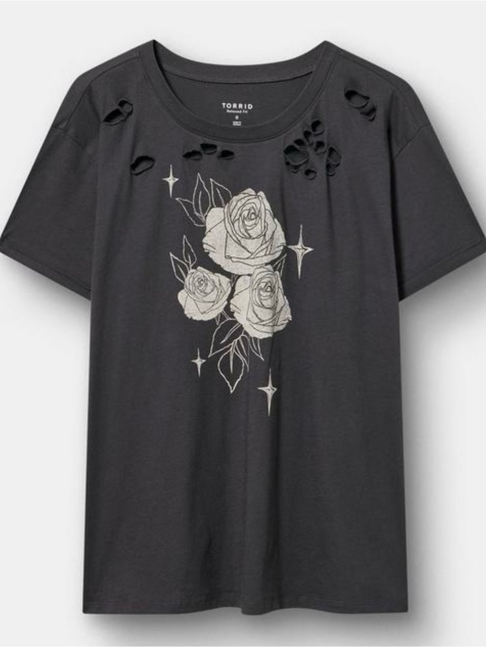 NWT Torrid Vintage Cotton Destructed Roll Sleeve Tee in Rose Stars Obsidian 3X